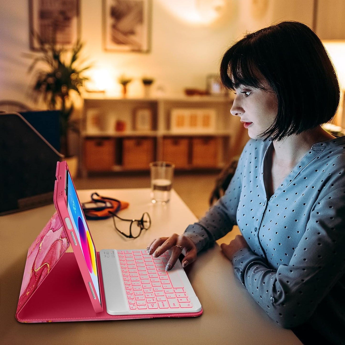 DTTO for iPad 11th (A16)/ 10th Generation Case with Keyboard (2025/2022), 7 Colors Backlit Wireless Detachable Keyboard Leather Folio Cover with Pencil Holder & Pocket, Red Marble