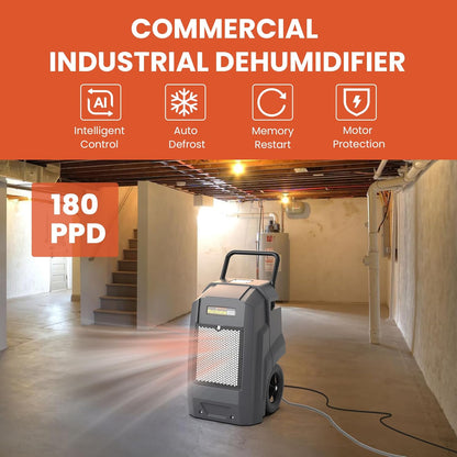 Abestorm Commercial Dehumidifier with Pump Drain Hose, 180 Pints Large Capacity Industrial Dehumidifier for Basements, Garages, Job Sites, 5 Years Limited Warranty, Grey