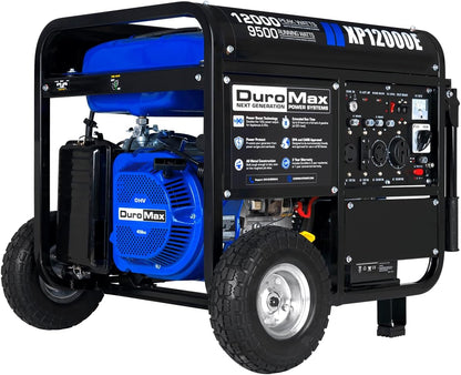 DuroMax Gas Powered Portable 12000 Watt-Electric Start-Home Back Up & RV Ready, 50 State Approved Generator, Blue, Black