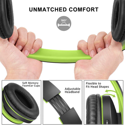ZIHNIC Bluetooth Headphones Over-Ear, Foldable Wireless and Wired Stereo Headset Micro SD/TF, FM for Cell Phone,PC,Soft Earmuffs &Light Weight for Prolonged Wearing(Black/Green)