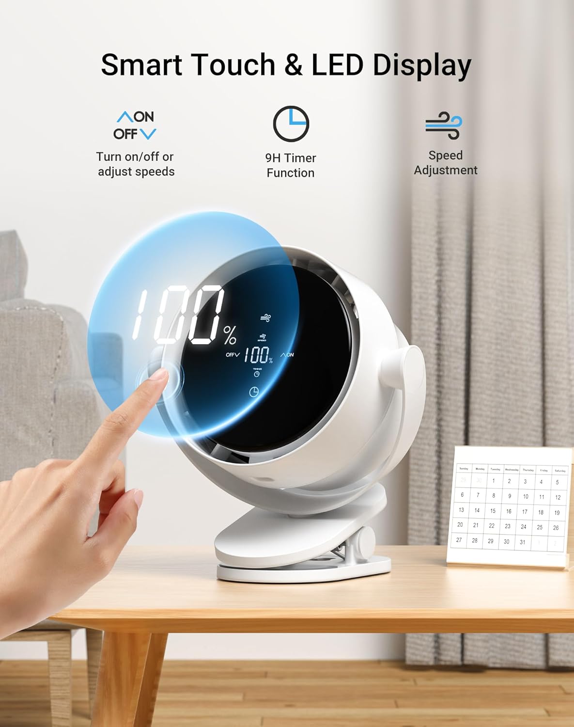 Portable Desk Fan, Clip-On Rechargeable USB Fan with 100-Level Precision Control & LED Touch, 360° Rotation, Ideal for Stroller, Office, Bedroom, Kitchen, Camping – White, 7-inch
