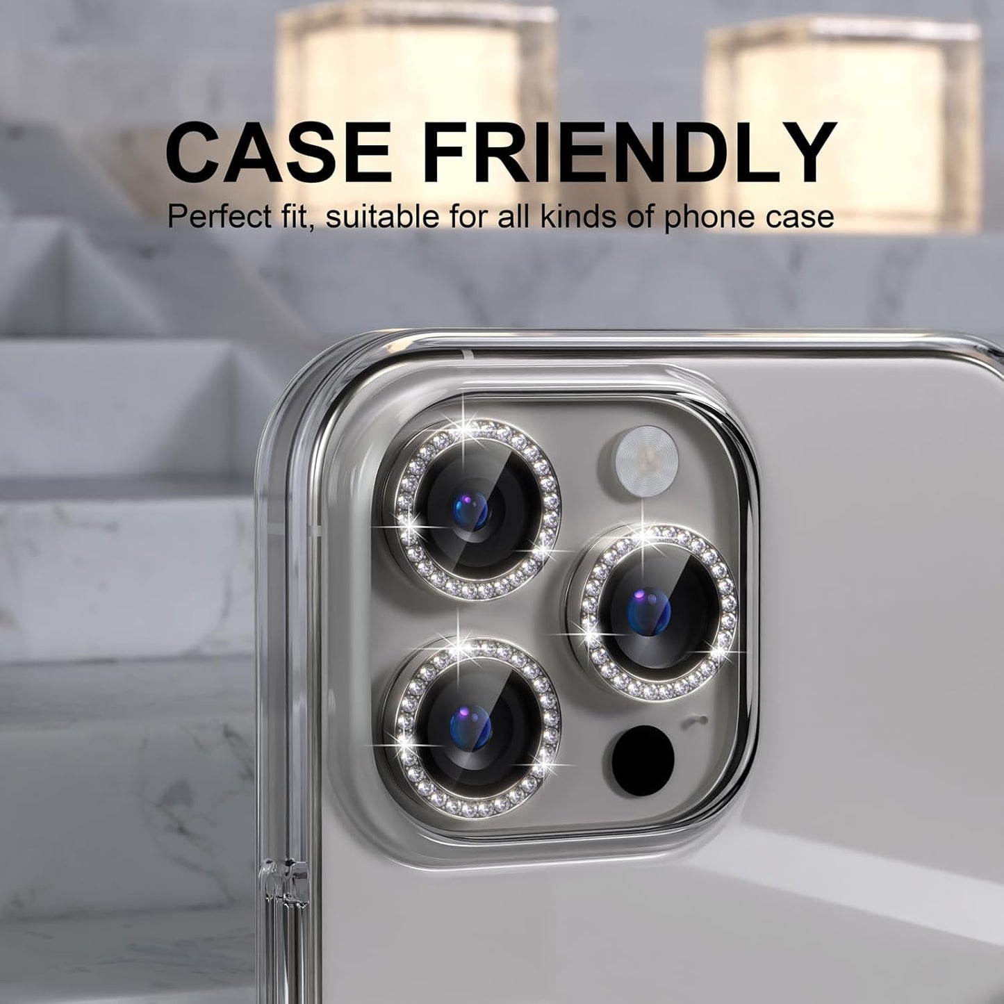 Choiche Compatible for iPhone 16 Pro/iPhone 16 Pro Max Camera Lens Protector Bling, 9H Tempered Glass Camera Cover Screen Protector Metal Ring Decoration Accessories (Diamond-Titanium Natural)