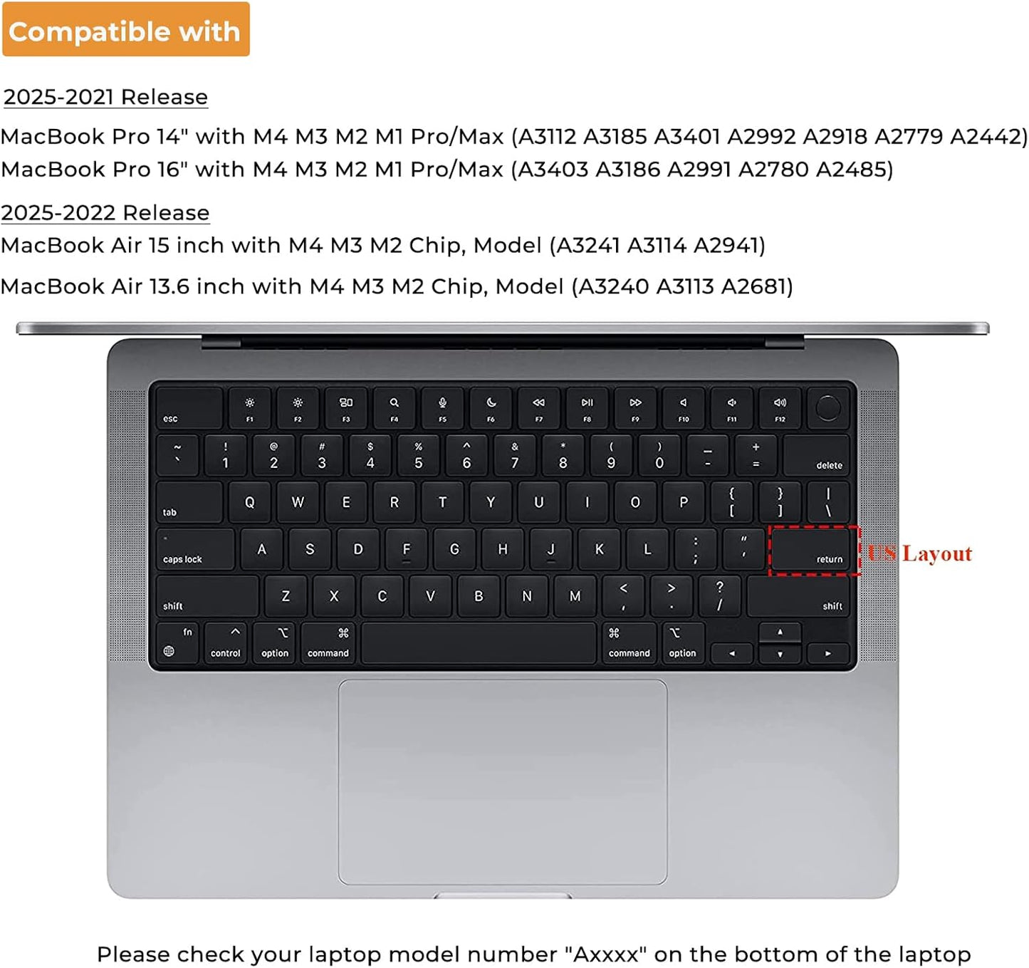 EooCoo Premium Keyboard Cover Skin Ultra Thin Protector Compatible with 2025-2021 MacBook Air 15" 13.6" M4 M3 M2 Chip, MacBook Pro 14" 16" M4 M3 M2 M1 Pro Max Chip, Clear