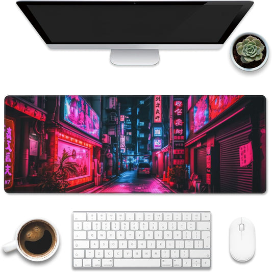 Desk Mat,Japanese Anime Neon Street Desk Pad,Anime City Large Gaming Mouse Pad for Desk,Extended Big Computer Keyboard Mouse Pad with Non-Slip Base and Stitched Edge,31.5"x11.8"