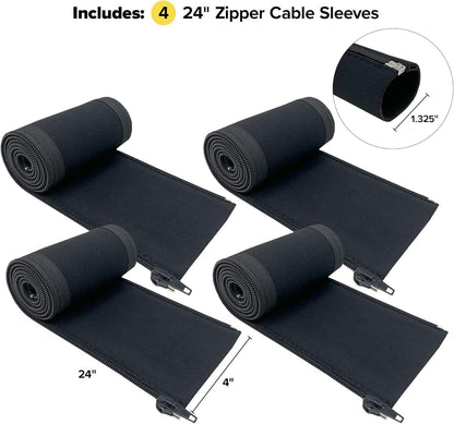 Zipper Cable Sleeve by Wrap-It Storage - 24" x 4" (4-Pack) Black - Cord Organizer and Cable Protector for Desk, Computer, TV Cord Management to Hide and Cover Wire and Extension Cables