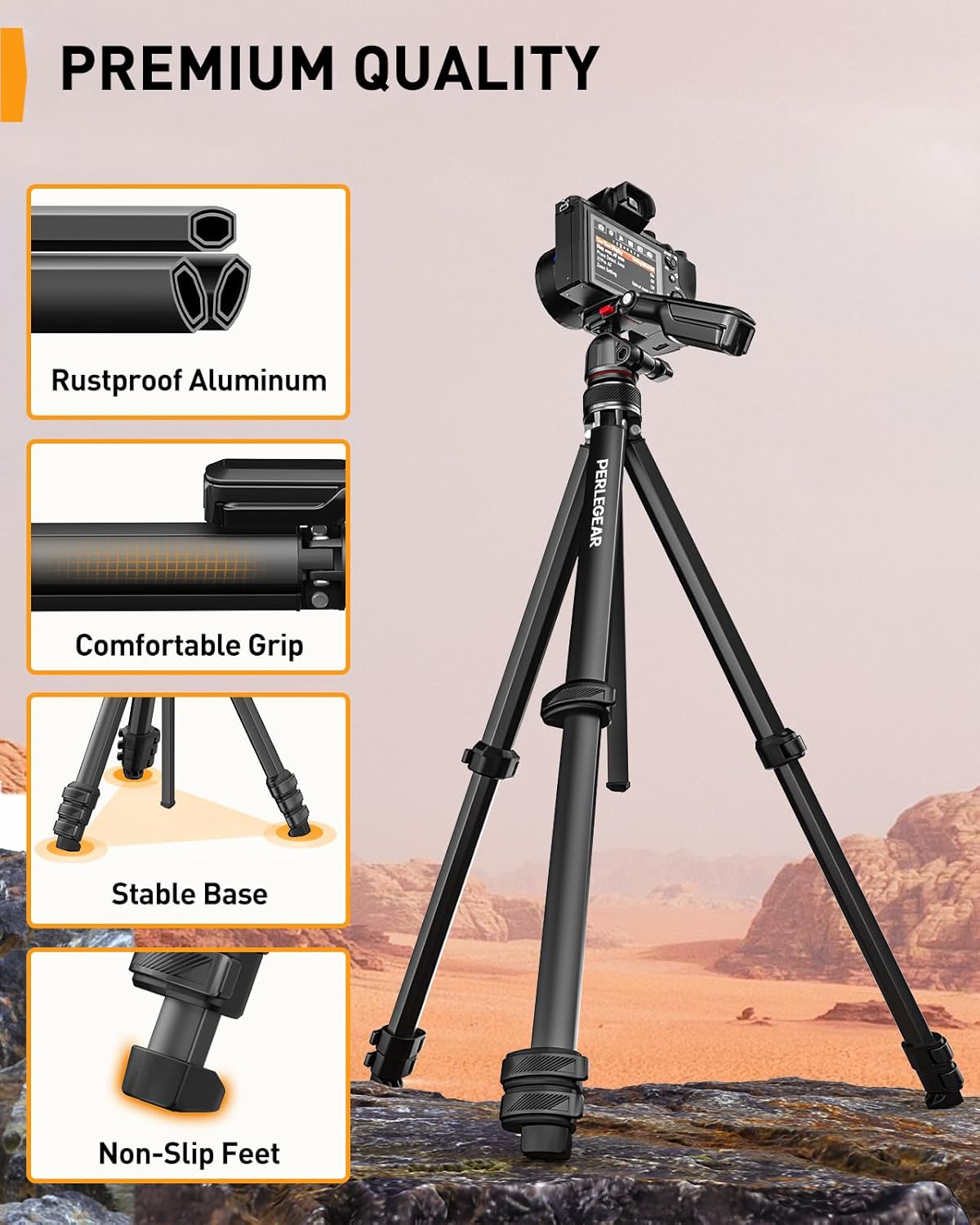 Perlegear Camera Tripod, 60″ Portable and Height-Adjustable, Travel Tripod with 13.2 lbs Max Load, Phone Camera Stand Heavy Duty for Video Recording, PGIPE01