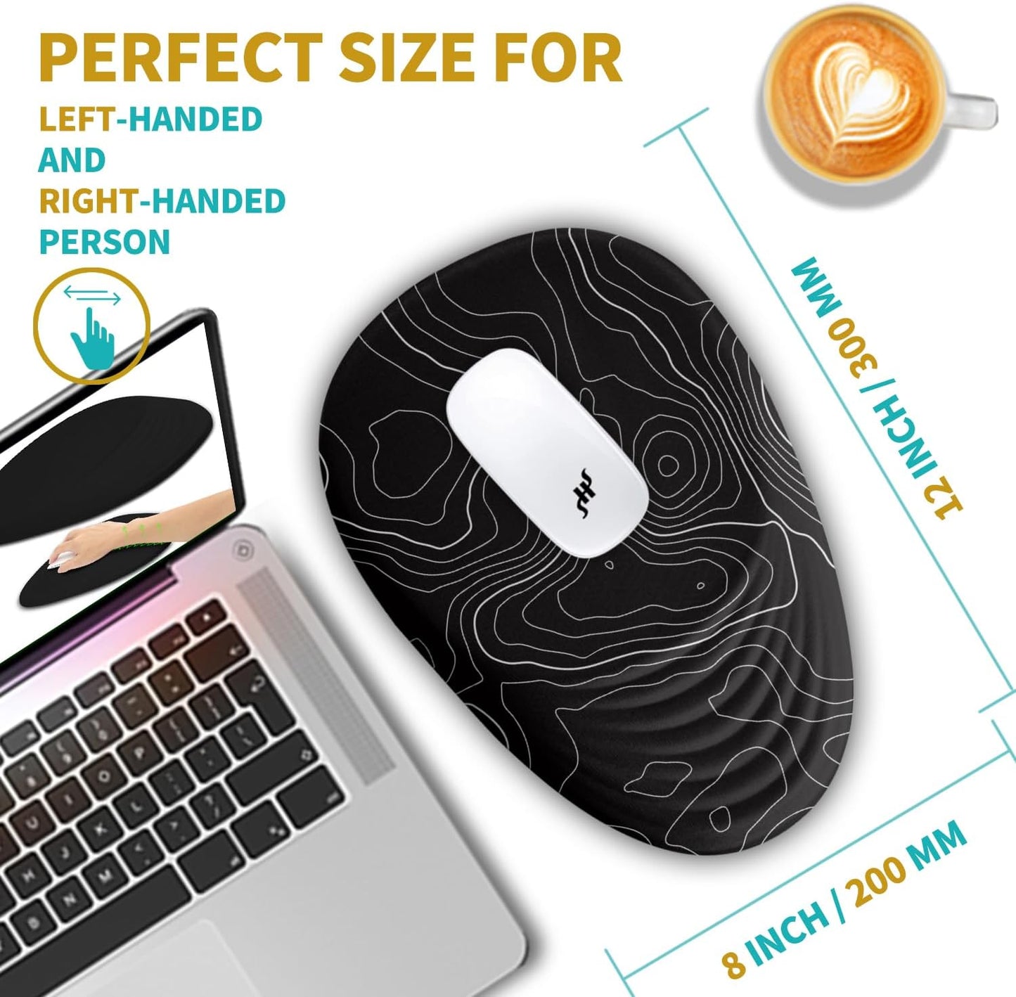 Hokafenle Ergonomic Mouse Pad Wrist Support with Stepped-wedge Design, Wrist Rest Pain Relief Mousepad Filled with Memory Foam, Carpal Tunnel Mousepad for Wireless Mouse(12x8 inch, Topographical Line)