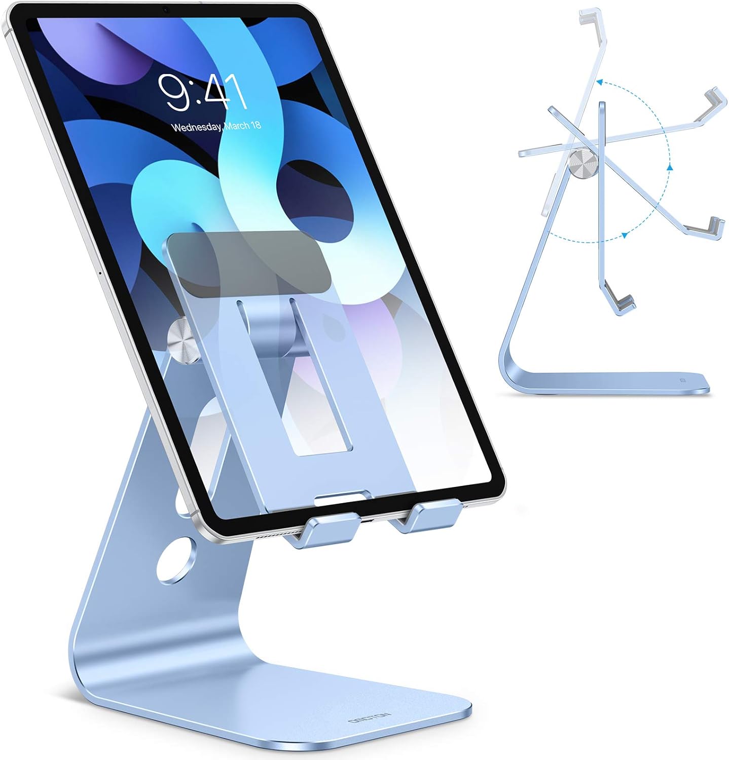 OMOTON Adjustable Tablet Stand for Desk, Upgraded Longer Arms for Greater Stability, T2 Tablet Holder with Hollow Design for Bigger Sized Phones and Tablets Such as iPad Pro/Air/Mini, Blue