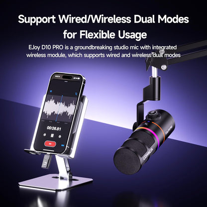 EJoy D10 PRO(A) USB Wireless Gaming Microphone – Boom Arm Mic with Wired/Wireless Modes, XLR/USB-C, Real-Time Monitoring, 45H Battery, RGB Dynamic Mic for Gaming, Streaming, Podcast, Recording (Black)