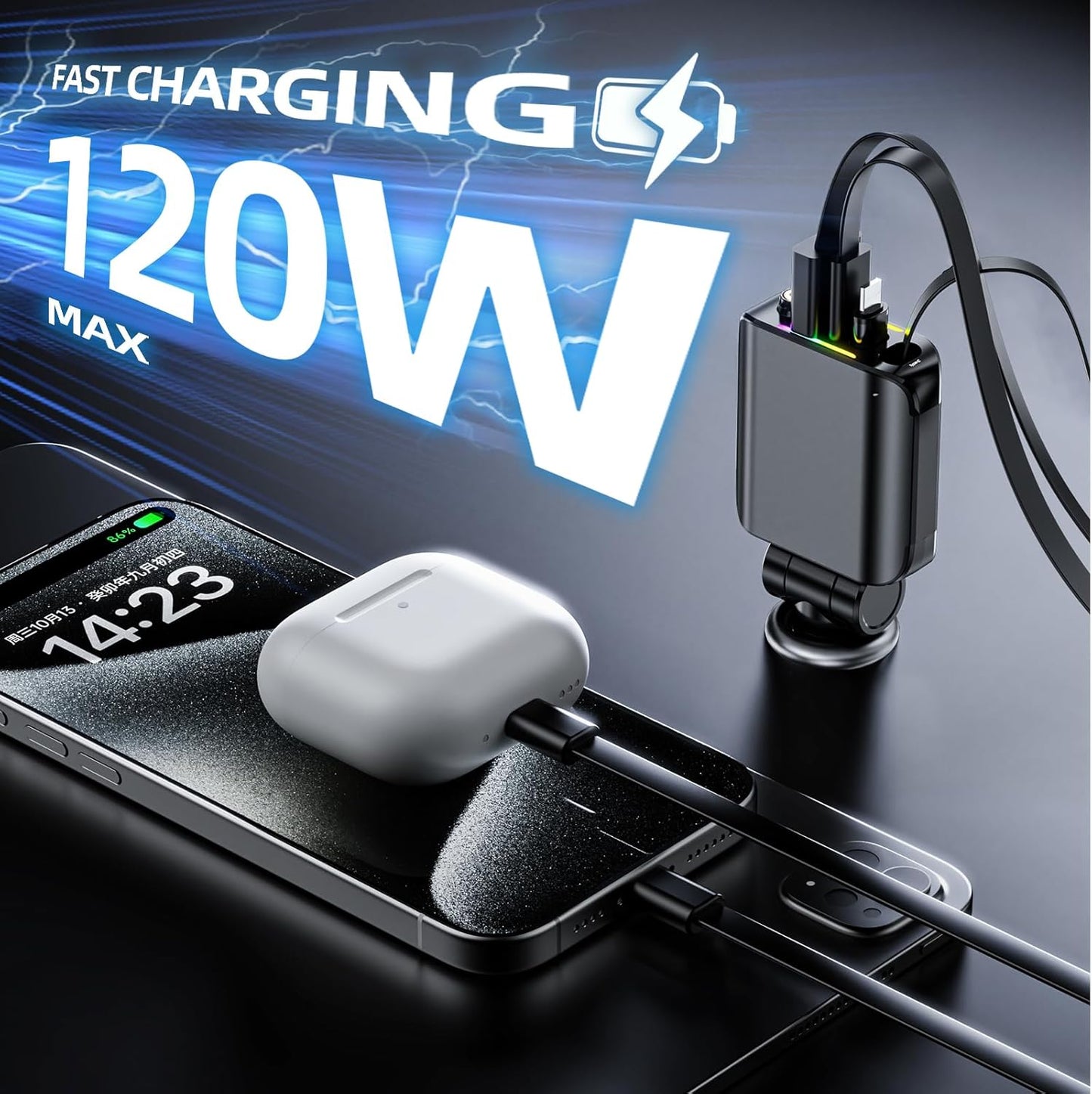 [2025 Ultra-Slim, 75% Less Space] Retractable Car Charger with Starlight, Max 120W USB C Car Charger Adapter, Cars Phone Chargers Fast Charging, Car Chargers for iPhone 16 15 Pro Max Plus and Android