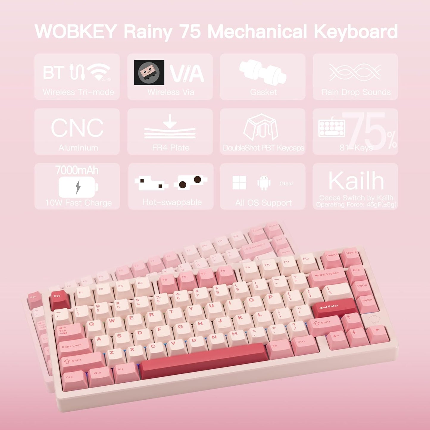 KEEBMONKEY WOBKEY Rainy 75 CNC Aluminum HMX/JWK/Cocoa Switches Triple-Mode Connectivity Mechanical Keyboard with Superior Acoustics, RGB/FR4/Silver SUS304/7000mAh/Cocoa Switch (Pro - Pink)