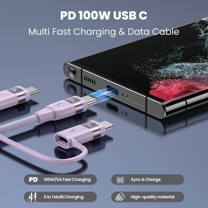100W USB C Multi Charging Cable, USAMS 4FT 5-in-1 5A Fast Sync Charger Adapter Nylon Braided Type-C Cable for Laptop/Tablet/Phone and More