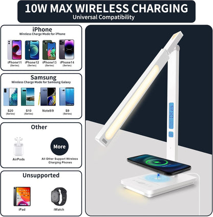 10 in 1 Smart Desk Lamp Led, Desk Light for Colleage Drom Room Office, Eye-Caring Table Lamp with Night Light, Lamp for Desk with 10W Wireless Charger, Dimmable Touch Lamp, Birthday Gifts for Women