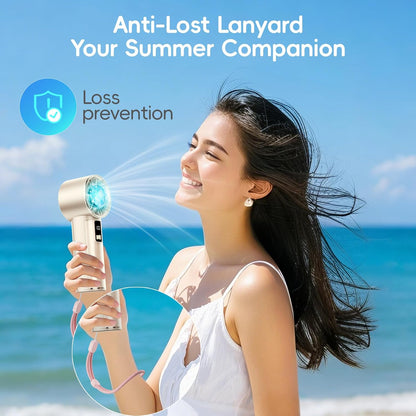 PANERGY High Speed Handheld Fan with Ice Cooler,1-100 Speed Adjustable Mini Turbo Fan, 4000mAh Battery Rechargeable & Digital Display,Gifts for Women Men Travel/Office/Beach/Camping(Beige)