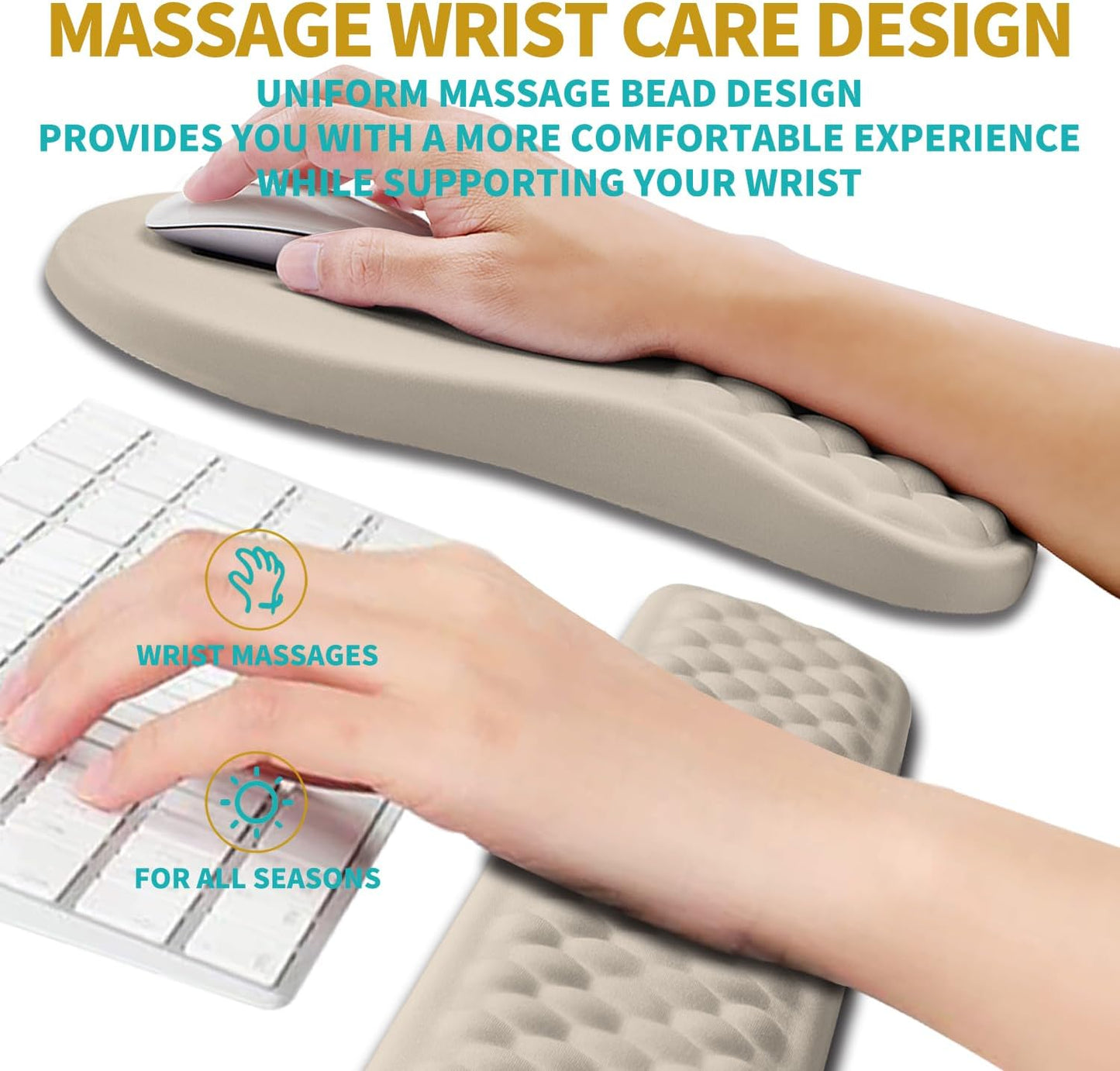 Hokafenle 2 in 1 Ergonomic Mouse Pad Wrist Support & Wrist Rest for Computer Keyboard Set, with Relieve Carpal Tunnel Pain Massage Bulge and Full Memory Gel Design (2In1 Set - Apricot)