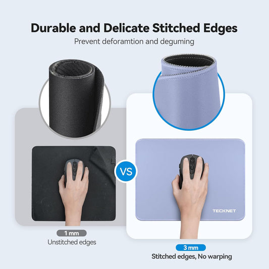 TECKNET Mouse Pad 270 x 210 x 3 mm with Anti-fray Stitchin, Waterproof Surface & Non-Slip Rubber Base with Stitched Edges Gaming Mouse Mat for Laptop，Compatible with Laser and Optical Mice - LT.Blue