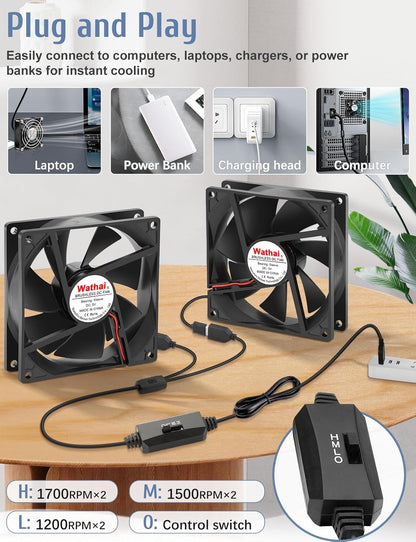 2 Packs Wathai 92mm x 25mm 90mm 5V USB Fan for Receiver AV cabint Game Console PC Laptop TV Box Projector Router Cooling