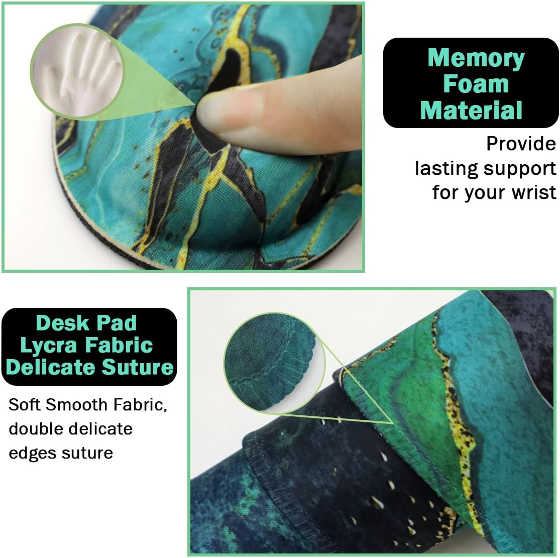 Keyboard Mouse Pad Set, Extended Mouse Pad+Keyboard Wrist Rest Support, Memory Foam Ergonomic Easy Typing, 3Pcs (35.4×15.7 in) Desk Pad Set for Home Office Study Game - Malachite Marble