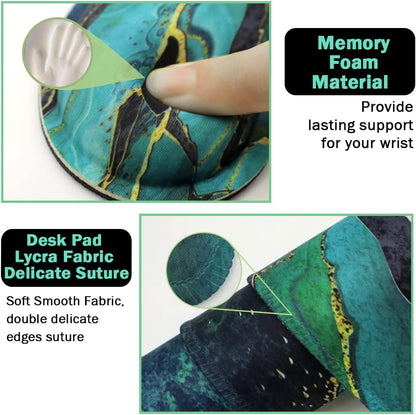 Keyboard Mouse Pad Set, Extended Mouse Pad+Keyboard Wrist Rest Support, Memory Foam Ergonomic Easy Typing, 3Pcs (35.4×15.7 in) Desk Pad Set for Home Office Study Game - Malachite Marble