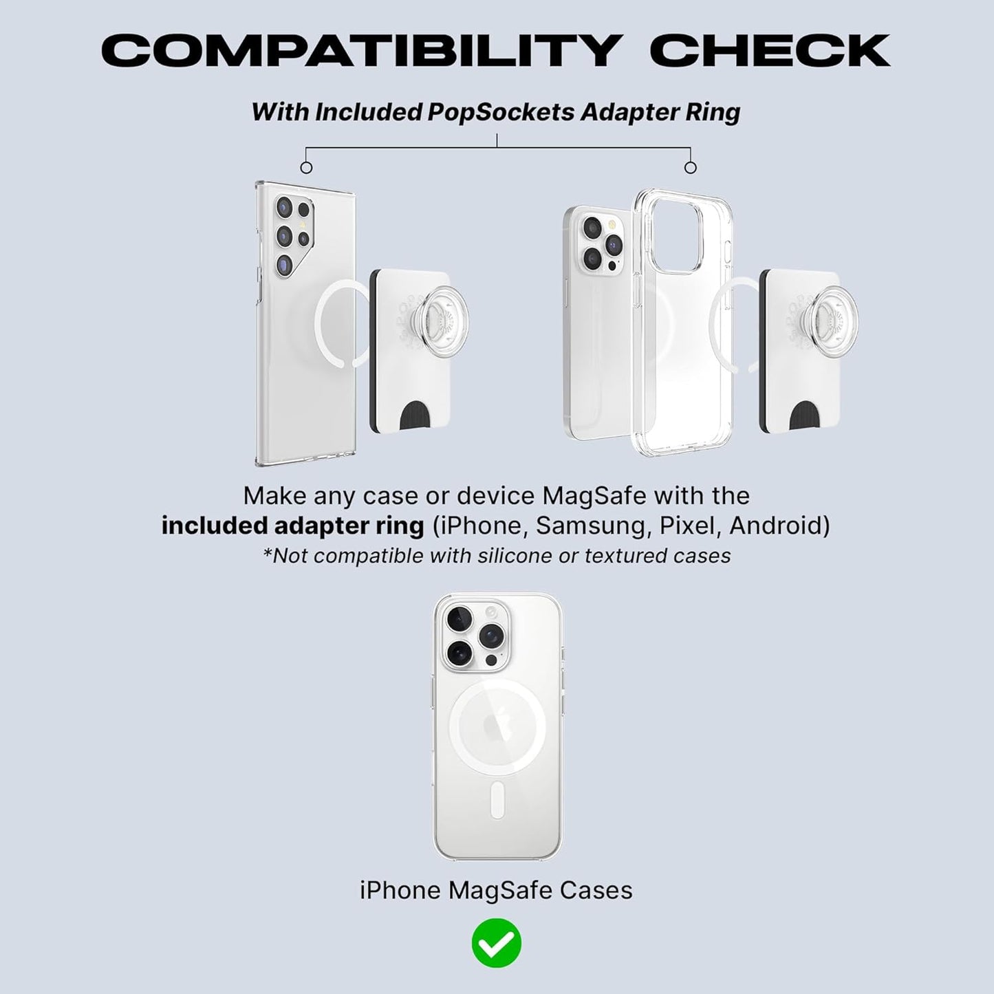 PopSockets Phone Wallet with Expanding Grip and Adapter Ring for MagSafe, Phone Card Holder, Wireless Charging Compatible, Wallet Compatible with MagSafe - White Clear