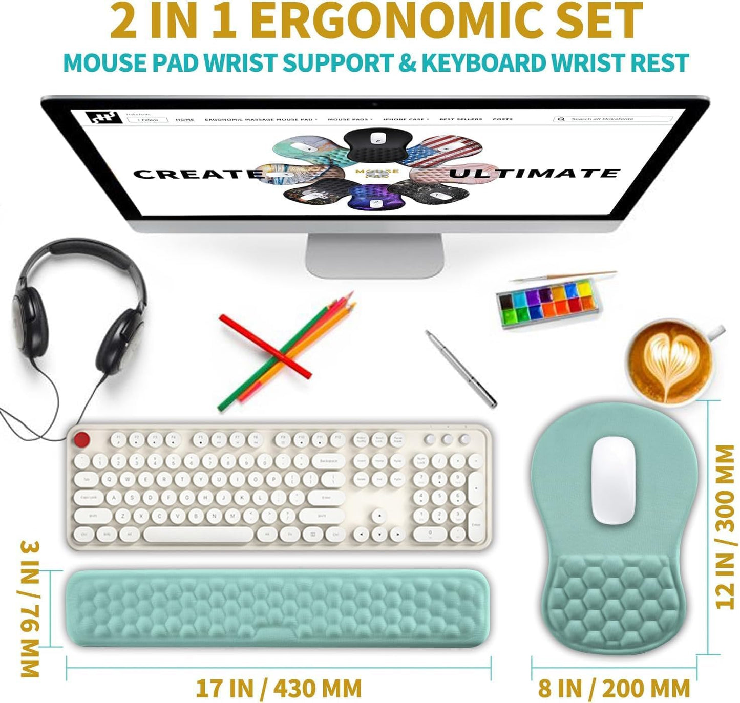 Hokafenle 2 in 1 Ergonomic Mouse Pad Wrist Support & Wrist Rest for Computer Keyboard Set, with Relieve Carpal Tunnel Pain Massage Bulge and Full Memory Gel Design (2In1 Set, Light Blue)