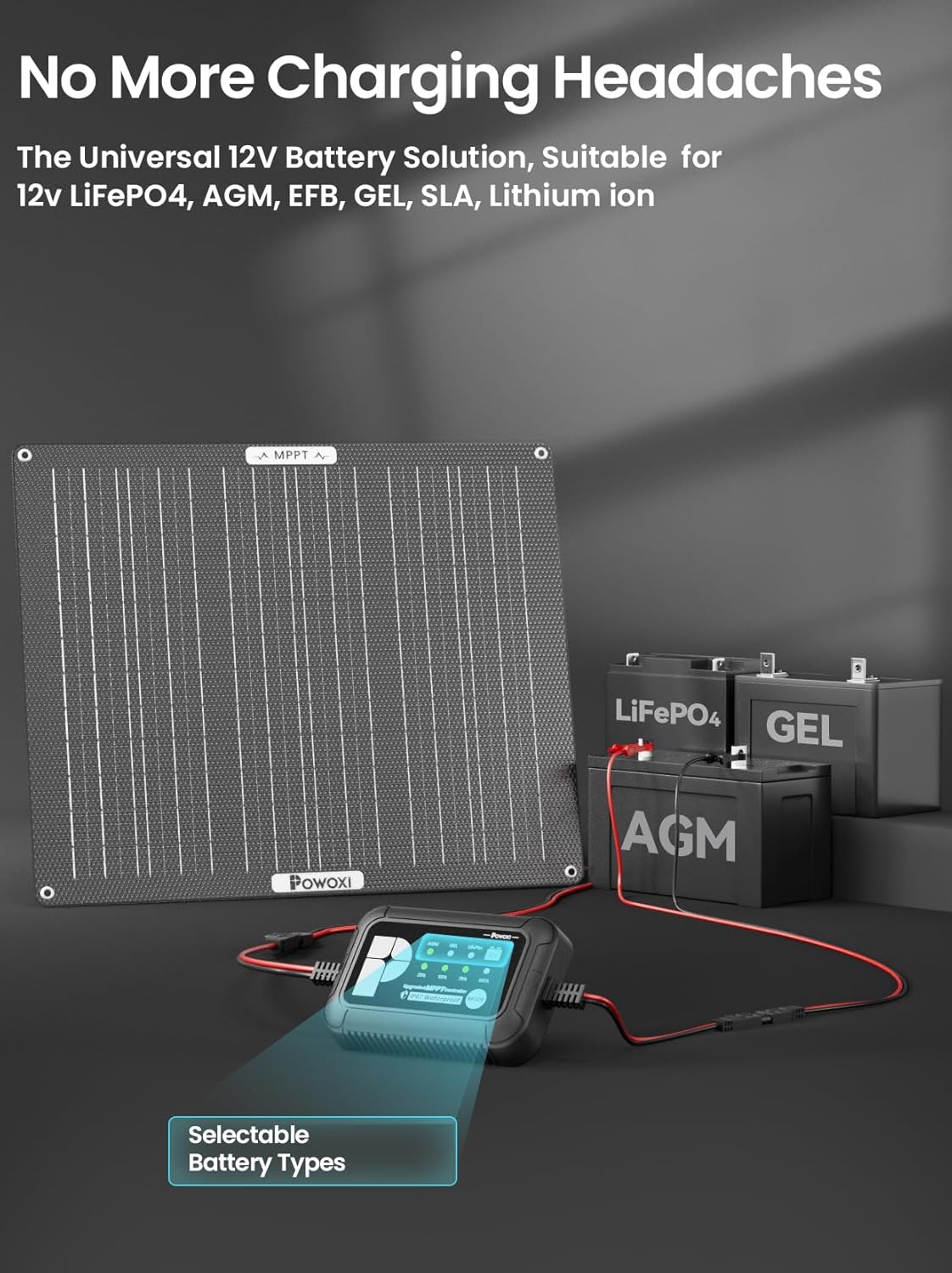POWOXI 50W Solar Battery Charger: 12V Solar Car Battery Trickle Maintainer - with MPPT Controller Parameter Adjustable - for RV Boat Marine Motorcycle Trailer Truck Tractor - Solar Panel Kit