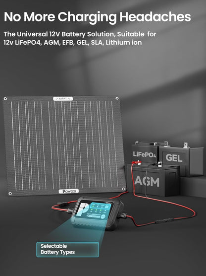 POWOXI 50W Solar Battery Charger: 12V Solar Car Battery Trickle Maintainer - with MPPT Controller Parameter Adjustable - for RV Boat Marine Motorcycle Trailer Truck Tractor - Solar Panel Kit