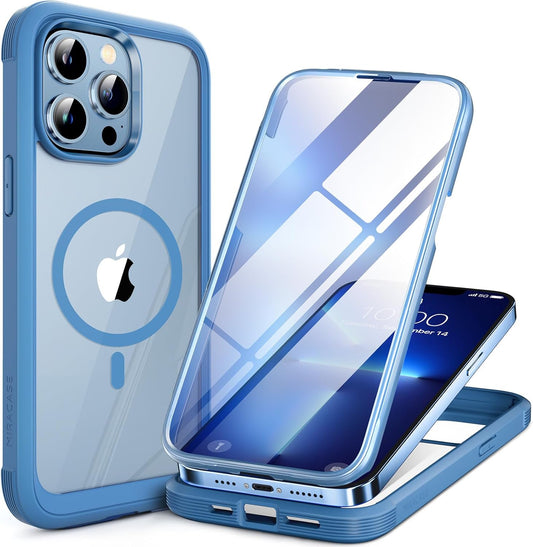 Miracase Magnetic Glass for iPhone 13 Pro Case,Compatible with MagSafe,Full-Body Protection Bumper with Shockproof Military-Grade,Built-in 9H Tempered Glass Screen Protector,Capri Blue
