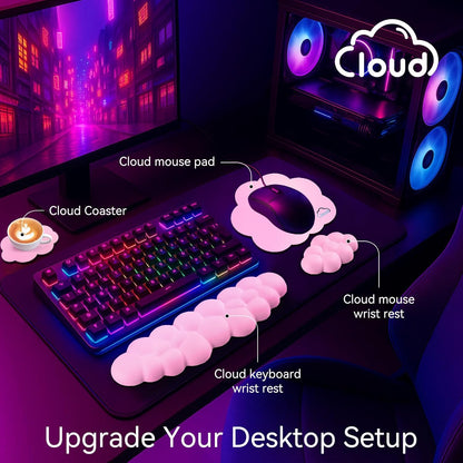 Cloud Wrist Rest for Computer Keyboard, 4-in-1 Memory Foam Leather Cloud Keyboard Wrist Rest and Mouse Pad Set with Ergonomic Support for Arm and Palm Cushion, Gaming/Work Setup, Pink