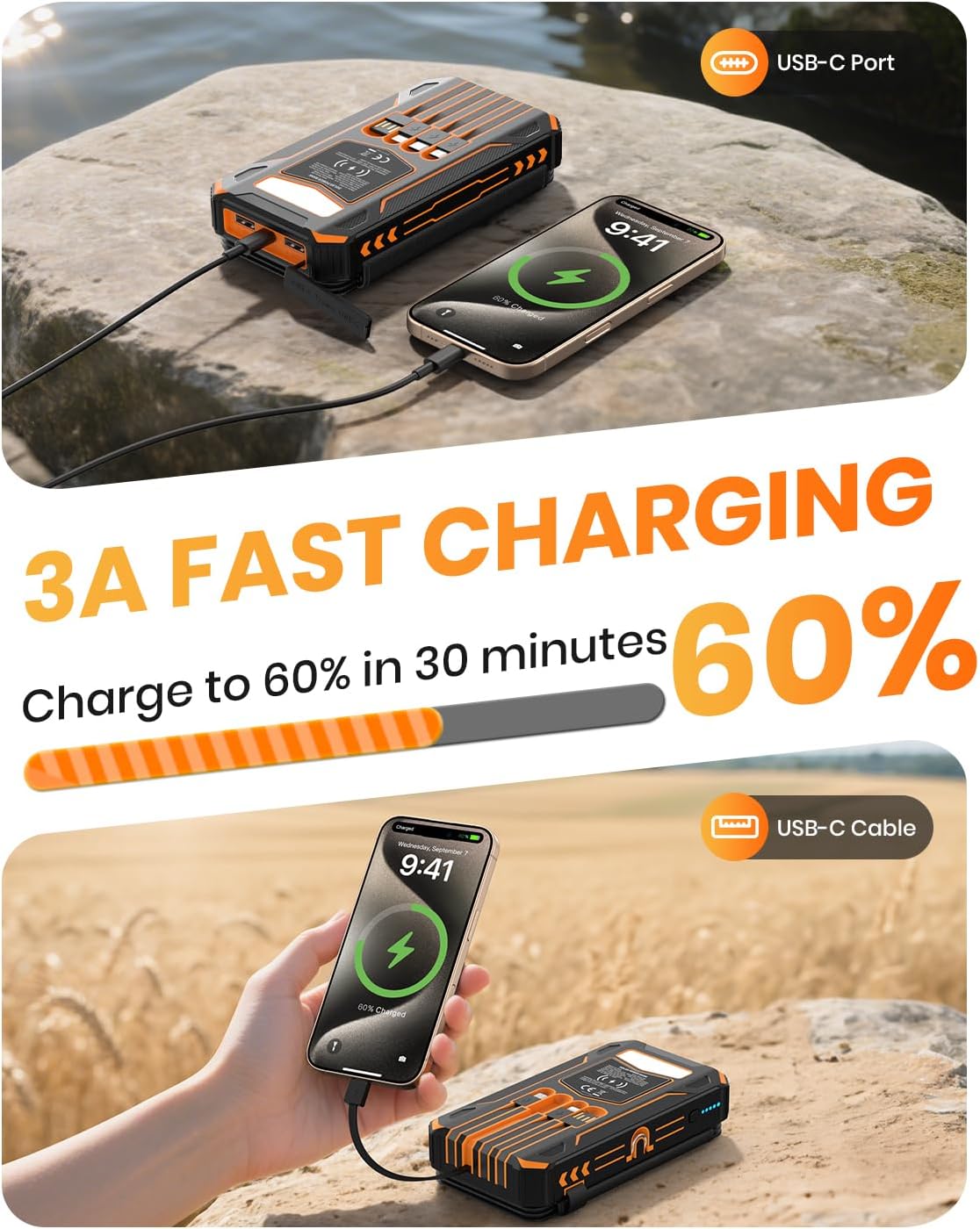 SOARAISE-Solar-Charger-Power-Bank - 48000mAh Wireless Portable Charger Built-in 4 Cables and 4 Solar Panels, PD QC 3.0 Fast Charging USB C Battery Pack with Flashlight for Camping Travel