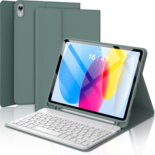 Keyboard Case for iPad 10th Generation 2022 10.9-inch - Rechargeable Detachable Wireless Bluetooth Keyboard - Smart Folio Cover with Pencil Holder for 10.9 inch Apple iPad 10th Generation, Dark Green