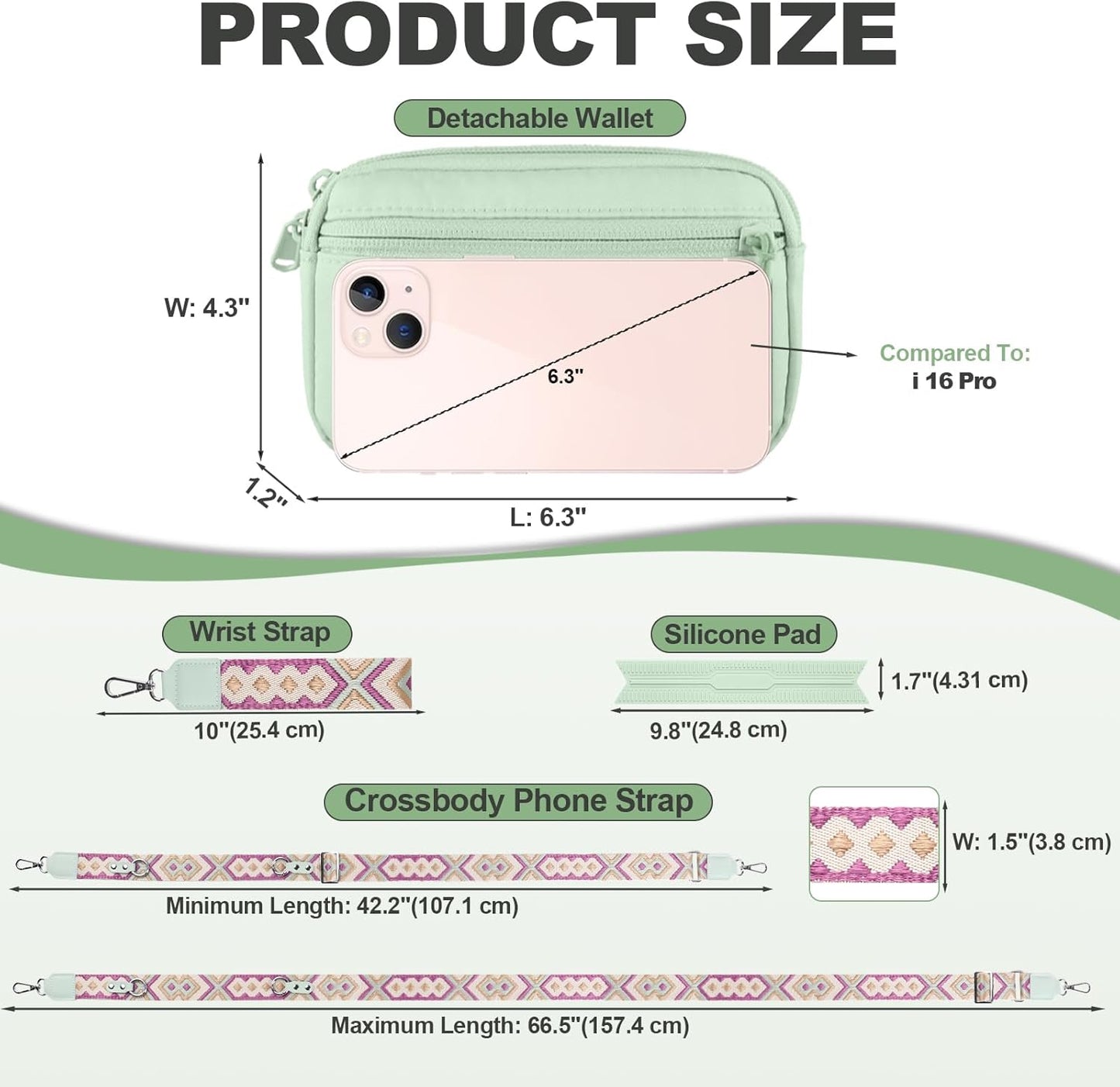 Clip and Go Strap for Phone with Wallet Crossbody, Adjustable Phone Lanyard with Detachable RFID Wristlet Wallet, Pattern Strap, Green (M)