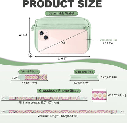 Clip and Go Strap for Phone with Wallet Crossbody, Adjustable Phone Lanyard with Detachable RFID Wristlet Wallet, Pattern Strap, Green (M)
