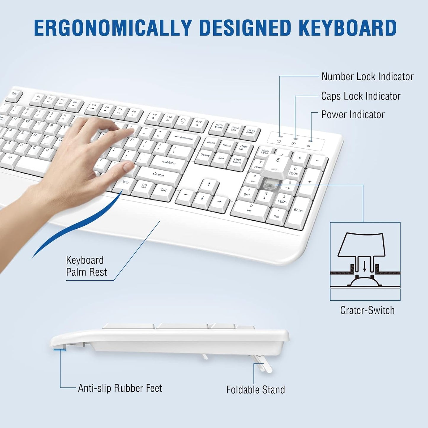 Wireless Keyboard and Mouse Combo, EDJO Full-Sized Ergonomic Computer Keyboard with Wrist Rest and 3 Level DPI Adjustable Wireless Mouse for Windows, Mac OS Desktop/Laptop/PC (White)