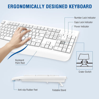 Wireless Keyboard and Mouse Combo, EDJO Full-Sized Ergonomic Computer Keyboard with Wrist Rest and 3 Level DPI Adjustable Wireless Mouse for Windows, Mac OS Desktop/Laptop/PC (White)