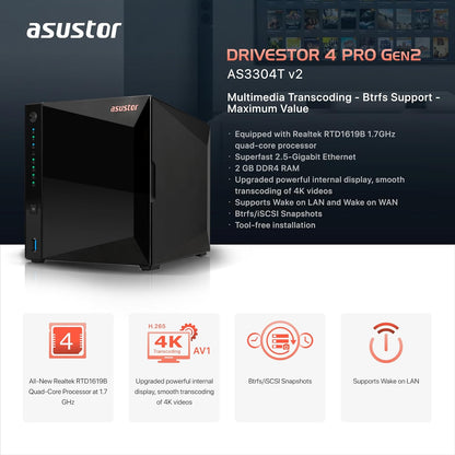 Asustor Drivestor 4 Pro Gen2 AS3304T v2, 4 Bay NAS, 1.7GHz Quad-Core, 2.5GbE Port, 2GB RAM DDR4, Best Value for Home Media Server, Network Attached Storage(Diskless)