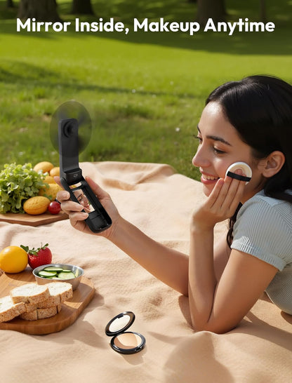 Aecooly Slim Portable Fan with Mirror, Thin Handheld Fan, USB Rechargeable Mini Personal [24H Max Cooling Time], Battery Powered Small Foldable Pocket for Travel, Lash, Makeup, Gifts for Women -Black