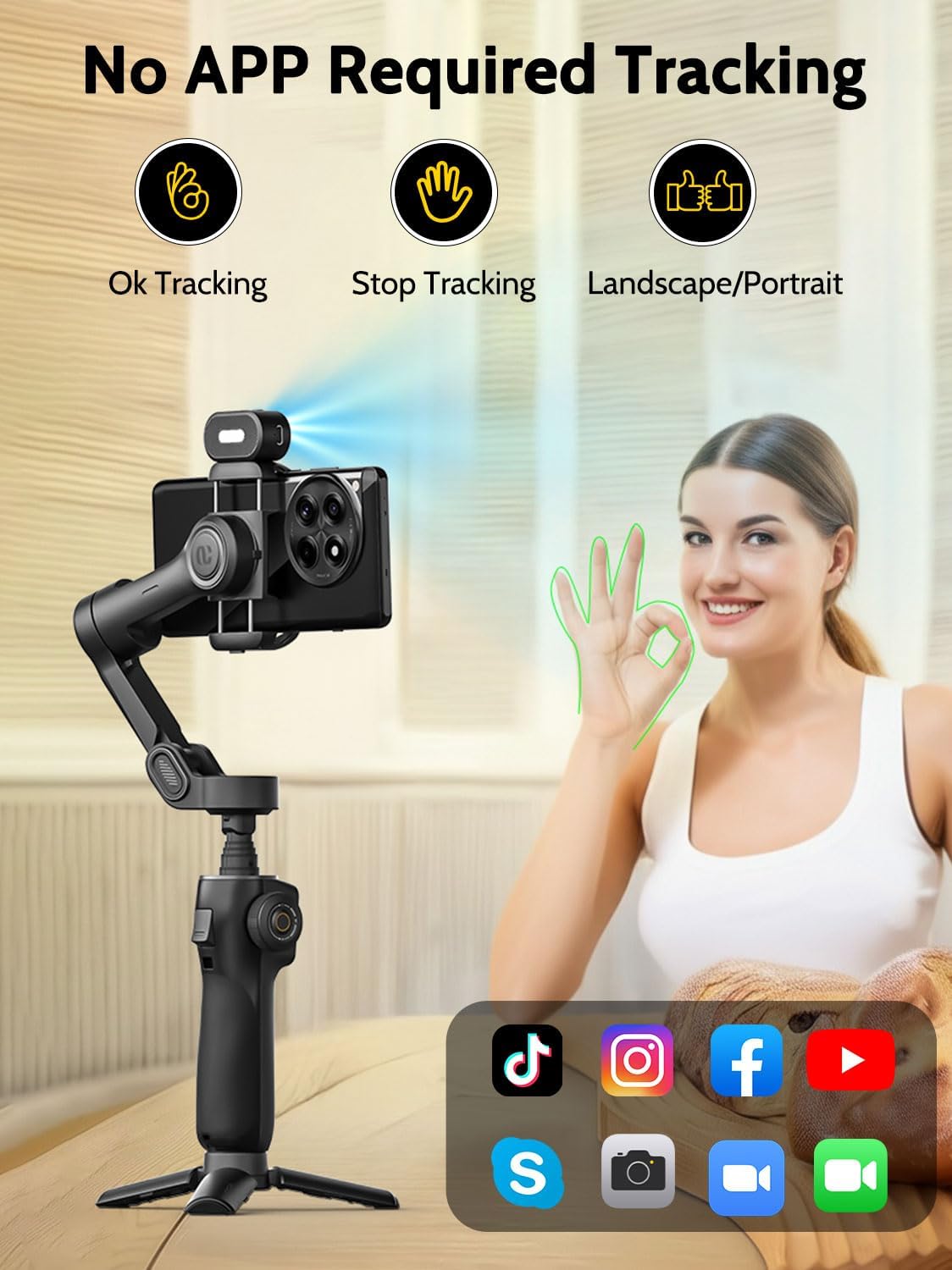 3-Axis Gimbal Stabilizer for iPhone & Android,NO APP AI Tracking,7.8' Built-in Extension Rod,Phone Stabilizer for Video Recording,OLED Display,Trigger Button,Sport,Vlogging(Smart V8 AI Black)