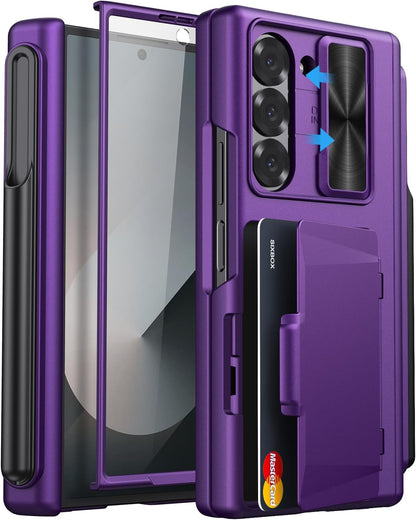 for Samsung Galaxy Z Fold 6 Case with S Pen Holder & Card Holder & Screen Protector, Built-in Hinge Protection & Sliding Camera Lens Cover, Durable Wallet Phone Case for Z Fold 6, Dark Purple