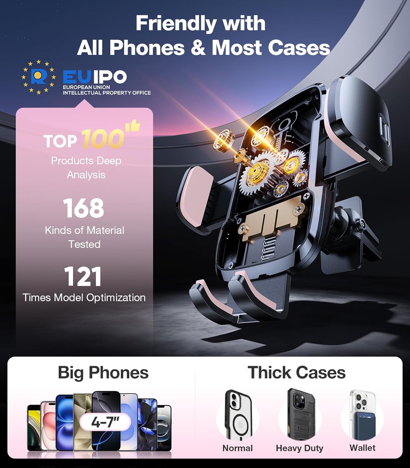 TORRAS Pink Phone Holders for Your Car【True Military-Grade & Strongest Suction】, Universal Car Phone Holder Mount Truck Cradle Stand for Dashboard Windshield Vent, Pink Car Accessories