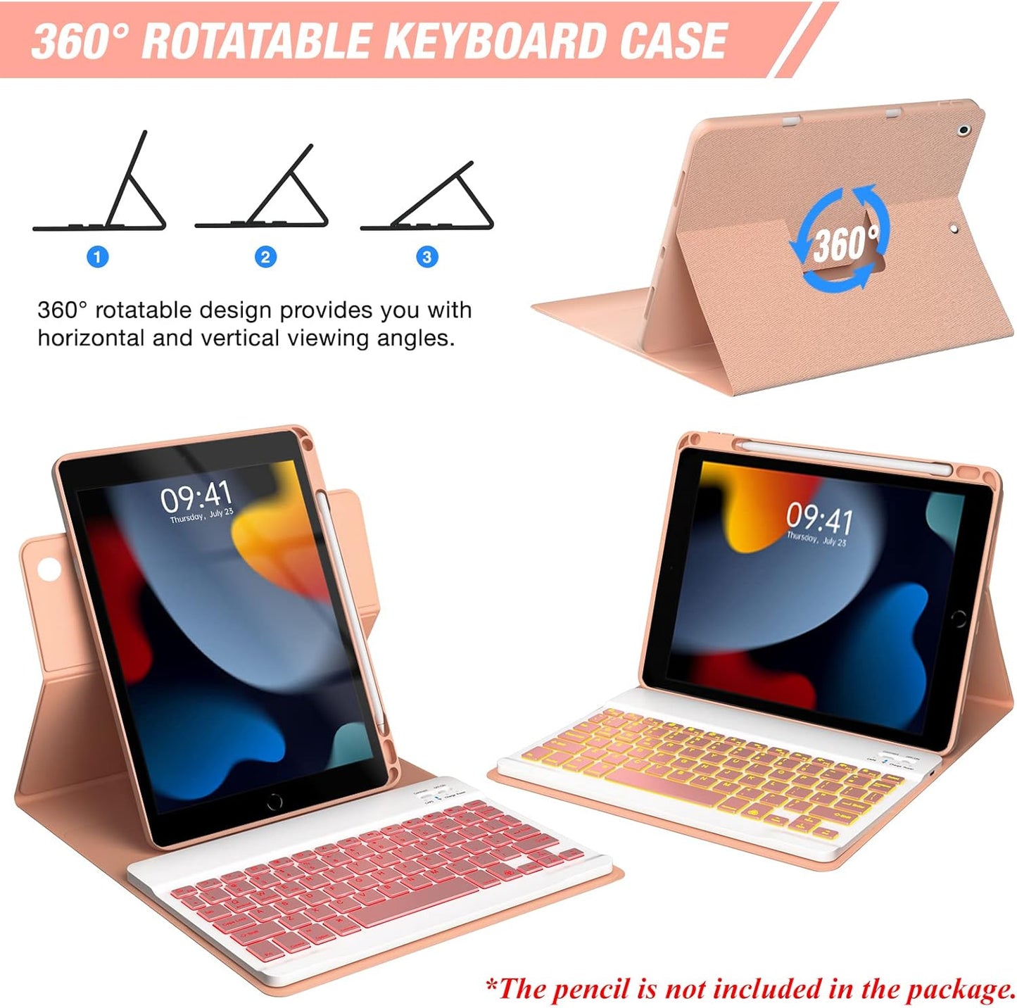 BLUTLOTUS Keyboard Case for iPad 9th/8th/7th Generation 10.2 inch,360° Rotatable iPad Pro 10.5-inch Air 3 Case with Pencil Holder,7 Color Backlit Bluetooth Keyboard Folio Cover (Rose Gold)