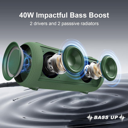 Passau Portable Bluetooth Speakers 40W Peak Loud Stereo Sound, Passive Radiators-Deep Bass, All Day Playtime, Adjustable Strap, BT5.3, IPX5 Wireless Speaker RGB Lights for Indoor Outdoor-Green