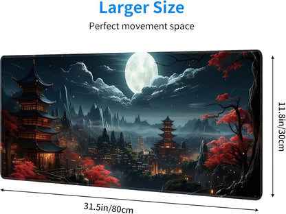Japanese Full Moon Large Mouse Pad,Gaming Keyboard Desk Pad,Extended Mouse Mat Non-Slip Rubber Base with Stitched Edges for Office Game Home XL 31.5"x11.8"