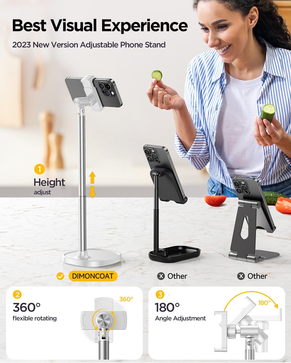 DIMONCOAT Adjustable Aluminum Alloy Cell Phone Stand - White, Universal Compatibility with 4-7 inch Devices, 180° Flip & 360° Rotation