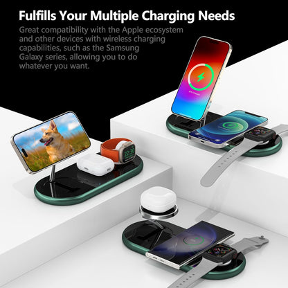 2025 Upgraded 3 in 1 Charging Station for Apple Devices, Fast Magnetic Mag-Safe Wireless Charger Stand for iPhone 16/15/14/13/12 Series & Apple Watch 1-9/Ultra & AirPods Pro (Forest Green)