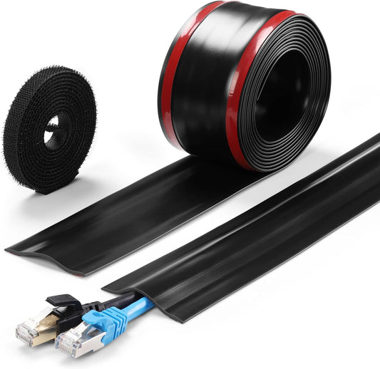 16.4ft Cord Cover Floor, Soft PVC Cord Covers for Wires on Floor, Self-Adhesive Floor Cable Cover Cord Hider, Floor Cable Management Cable Protector for Commercial Office Carpet/Floors/Wall Black