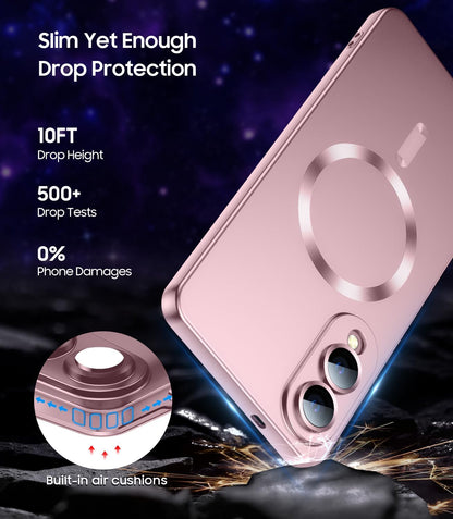 Magnetic for Samsung Galaxy S25 Edge Case [Compatible with MagSafe][Built-in Camera Lens Protector] Slim Soft Silicone Bumper Shockproof Metallic Luster Phone Case (Rose Gold)