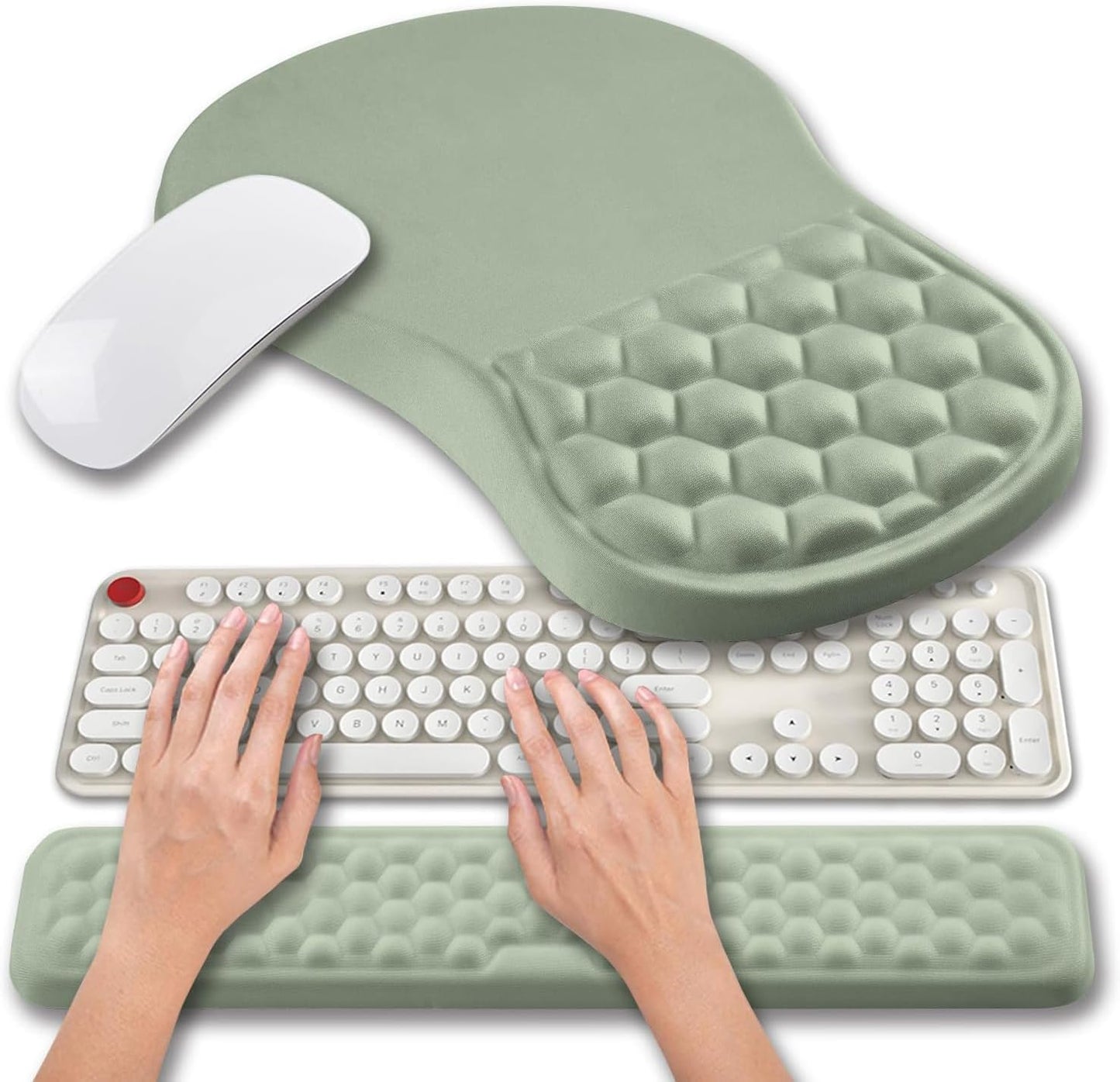 Hokafenle 2 in 1 Ergonomic Mouse Pad Wrist Support & Wrist Rest for Computer Keyboard Set, with Relieve Carpal Tunnel Pain Massage Bulge and Full Memory Gel Design (2In1 Set, Light Green)