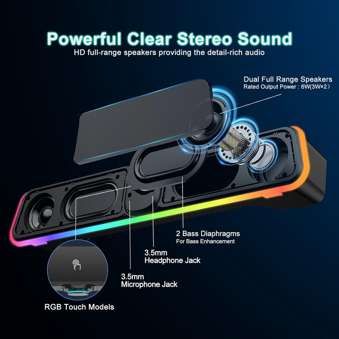 Computer Speakers - Wired USB Powered Bluetooth Computer Sound Bar with RGB & Volume Knob, HiFi Stereo Portable Gaming Sound Bar Speaker for Desktop Monitor, PC, Laptop, Tablets, Mac Air/Pro
