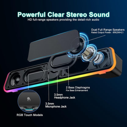 Computer Speakers - Wired USB Powered Bluetooth Computer Sound Bar with RGB & Volume Knob, HiFi Stereo Portable Gaming Sound Bar Speaker for Desktop Monitor, PC, Laptop, Tablets, Mac Air/Pro